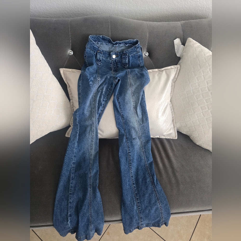SHEIN Blue High-Rise Flared Wide-Leg Jeans
